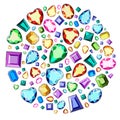 A set of precious stones of different colors and different cut. Diamonds in a circle. Royalty Free Stock Photo